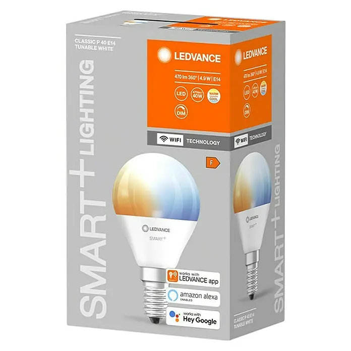 Ledvance Smart+ WiFi Smart-LED-Lampe Mini Bulb - E14, Dimmbar, Neutralweiß, 470 lm, 5 W, Farbtemperatur einstellbar: Stufen - Eine LEDVANCE Smart+ Classic P40 E14 tunable white Lampe in ihrer Verpackung, die intelligente Lichtsteuerung verspricht.