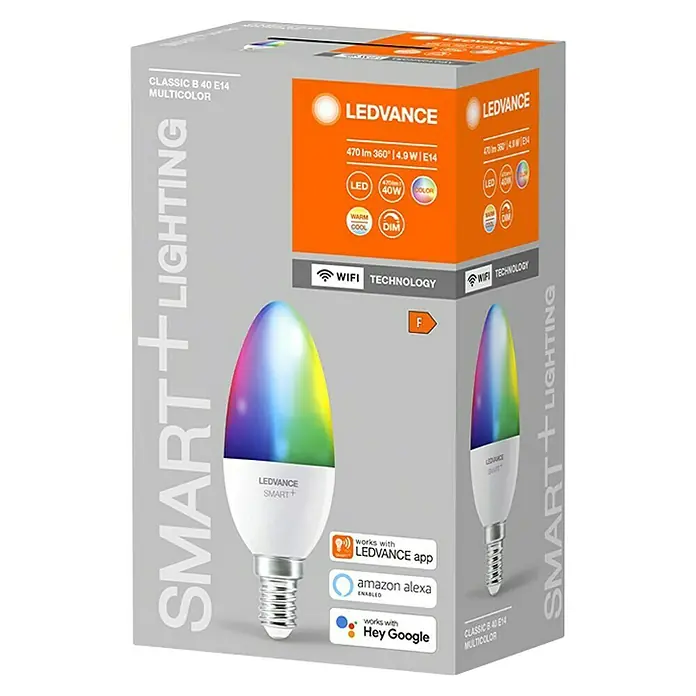 Ledvance Smart+ WiFi Smart-LED-Lampe Candle - E14, Dimmbar, RGBW, 470 lm, 5 W - Das LEDVANCE Smart+ Multicolor Leuchtmittel in der Verpackung. Smarte Beleuchtung mit verschiedenen Farben und Steuerungsmöglichkeiten.