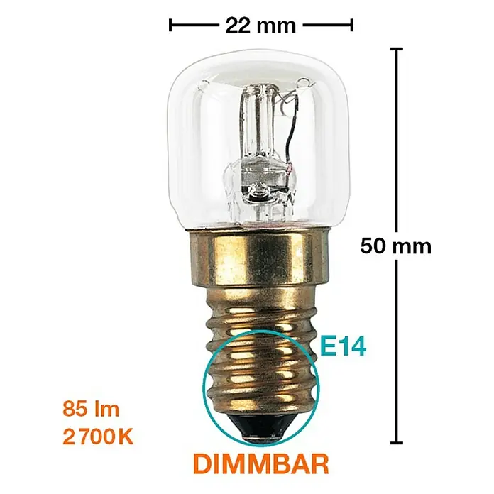 Osram Ofenlampe Special Oven P - 15 W, E14, Temperaturbeständig bis: 300 °C - Nahaufnahme einer dimmbaren E14 Glühbirne mit den Maßen 22 mm x 50 mm.