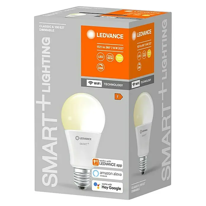 Ledvance Smart+ WiFi Smart-LED-Lampe Classic - E27, Dimmbar, Warmweiß, 1.521 lm, 14 W - Verpackung einer LEDVANCE Smart+ LED Lampe, die dimmbar ist und über WLAN gesteuert werden kann.