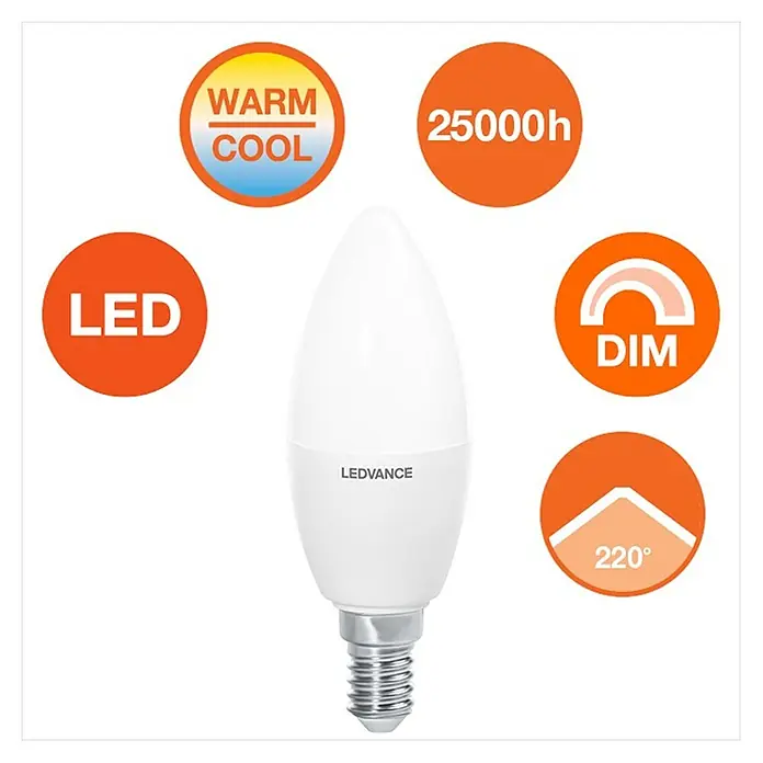 Ledvance SUN@Home Smart-LED-Lampe Smart+ WIFI - E14, Dimmbar, Neutralweiß, 425 lm, 4,9 W - LEDVANCE LED-Lampe in Kerzenform, dimmbar, mit warmweißem bis kaltweißem Licht für eine stimmungsvolle Beleuchtung.