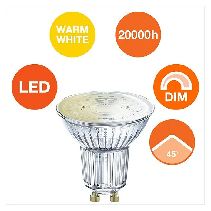 Ledvance Smart+ WiFi Smart-LED-Lampe Spot - GU10, Dimmbar, Warmweiß, 350 lm, 5 W - LED-Lampe mit verschiedenen Merkmalen: warmweißes Licht, 20000 Stunden Lebensdauer, dimmbar und einem Abstrahlwinkel von 45°.