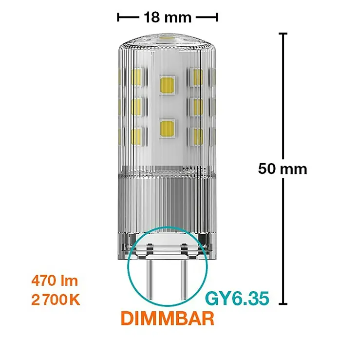 Osram Bombilla LED - GY6,35, Intensidad regulable, Blanco cálido, 470 lm, 4,5 W - Imagen del producto de una lámpara LED GY6.35 regulable con 470 lúmenes y una temperatura de color de 2700K, dimensiones: 18 mm de diámetro, 50 mm de altura.