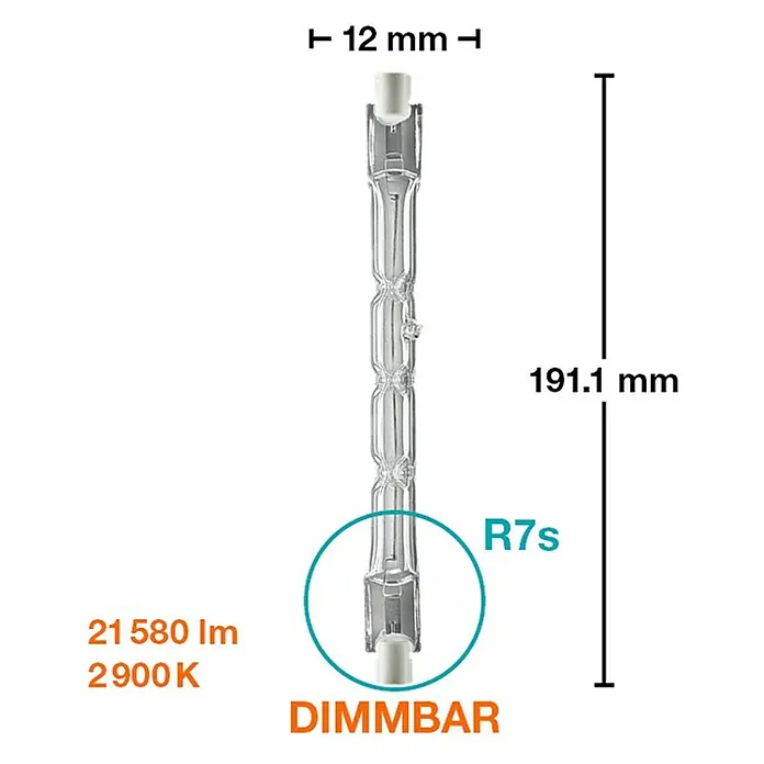 Osram Halogenstab - 1.000 W, Warmweiß, Länge: 191,1 mm - Abbildung einer R7s Halogenlampe mit den Maßen 12 mm Durchmesser und 191,1 mm Länge, mit Dimmfunktion, 21580 lm Lichtstrom und 2900 K Farbtemperatur.