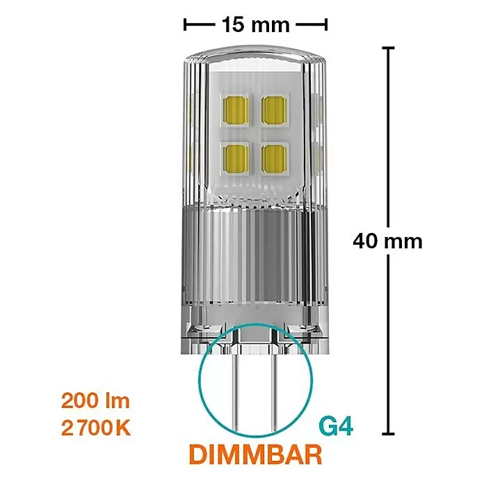 Osram Bombilla LED - G4, Intensidad regulable, Blanco cálido, 200 lm, 2 W - Bombilla cápsula LED G4 regulable, 15x40mm, 200lm, 2700K, con carcasa transparente, LEDs amarillos y pines plateados.