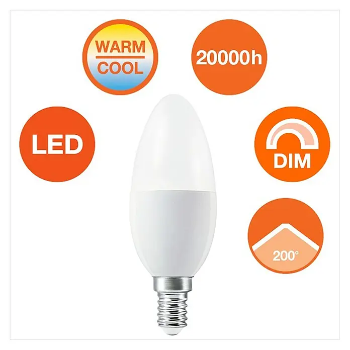 Ledvance Smart+ WiFi Smart-LED-Lampe Candle - E14, Dimmbar, Neutralweiß, 470 lm, 5 W, Farbtemperatur einstellbar: Stufen - Energiesparende LED-Lampe im Kerzen-Design mit E14-Sockel, warmweißes Licht, dimmbar und langer Lebensdauer von 20000 Stunden.