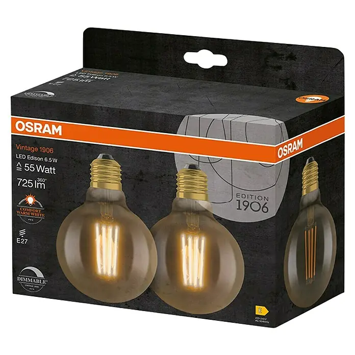 Osram LED-Lampen-Set Vintage Edition 1906 Globe-Form E27 2er Set - E27, Dimmbar, Warmweiß, 725 lm, 6,5 W - Verpackung für OSRAM Vintage 1906 LED Edison-Glühbirnen. Sie leuchten mit 6,5 W, 55 Watt und 725 lm. Das Licht ist komfortabel warmweiß und dimmbar.