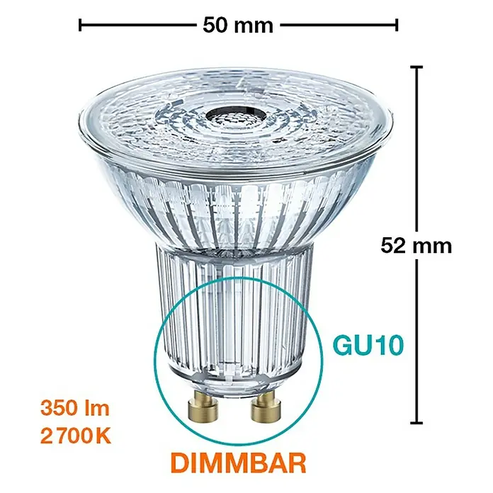 Osram Bombilla LED Star PAR16 - GU10, Intensidad regulable, Blanco cálido, 350 lm, 5,5 W - Esta imagen muestra una bombilla LED GU10 regulable con 350 lúmenes y una temperatura de color de 2700K. La bombilla mide 50 mm de diámetro y 52 mm de altura.