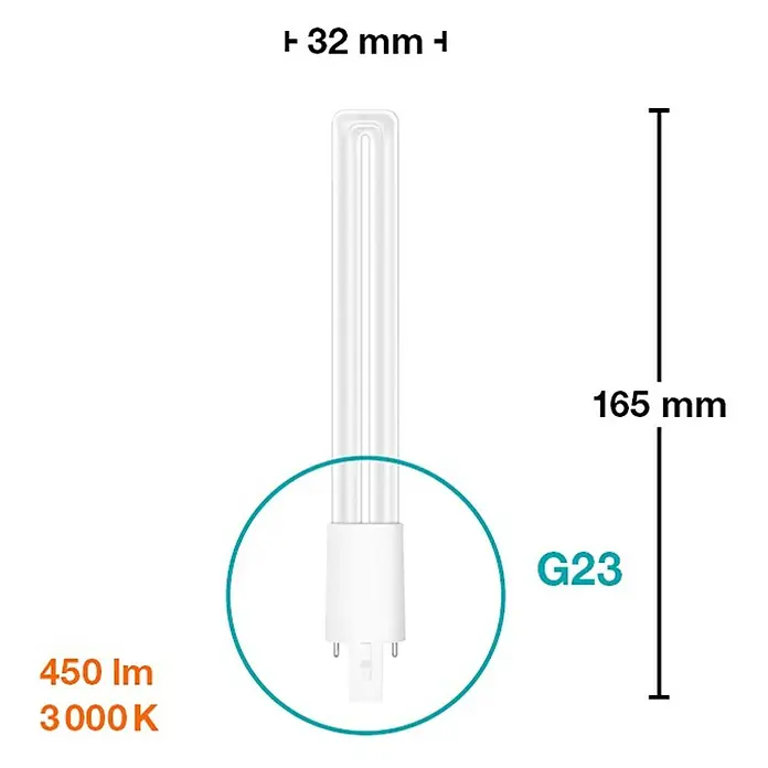 Osram Dulux S LED-Lampe - G23, Nicht Dimmbar, Warmweiß, 450 lm, 4,5 W - Abbildung einer G23-Kompaktleuchtstofflampe mit den Maßen 32 mm Breite und 165 mm Länge, mit einer Lichtstärke von 450 Lumen und 3000 Kelvin.
