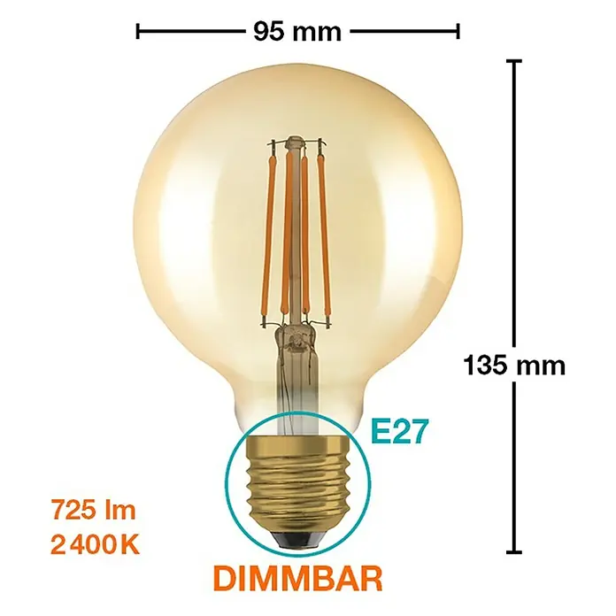 Osram LED-Lampen-Set Vintage Edition 1906 Globe-Form E27 2er Set - E27, Dimmbar, Warmweiß, 725 lm, 6,5 W - Abbildung einer dimmbaren E27 LED-Glühbirne mit 725 lm und 2400 K, 95 mm breit und 135 mm hoch.