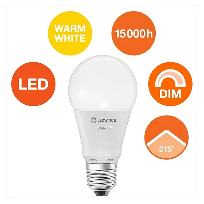 Ledvance Smart+ WiFi Smart-LED-Lampe Classic - E27, Warmweiß, 1.055 lm, 9,5 W, Farbtemperatur einstellbar: Nein - LEDVANCE SMART+ LED Lampe mit warmweißem Licht, 15000 Stunden Lebensdauer, dimmbar und einem Abstrahlwinkel von 215°.
