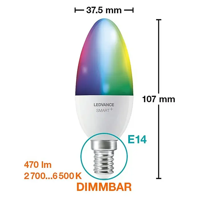 Ledvance Smart+ WiFi Smart-LED-Lampe Candle - E14, Dimmbar, RGBW, 470 lm, 5 W - LEDVANCE SMART+ E14 LED-Lampe mit Farbwechsel, 470 Lumen, 2700-6500K, dimmbar. Abmessungen: 37,5 mm breit, 107 mm hoch.