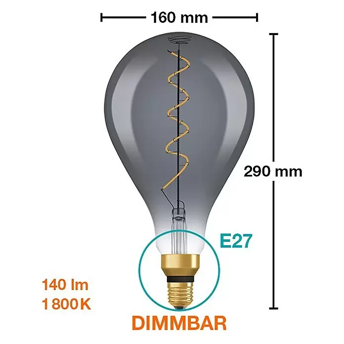 Osram Bombilla LED - E27, Intensidad regulable, Blanco cálido, 150 lm, 4 W, Color: Claro/Negro, Pera - Gran bombilla LED tintada de gris con filamento espiral decorativo y casquillo de rosca E27 dorado, regulable, luz cálida de 1800K.