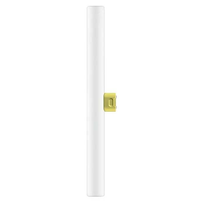 Osram Linienlampe LEDinestra - Länge: 300 mm, Warmweiß, 6 W, 250 lm, S14d - Eine Nahaufnahme einer weißen Patrone mit einem gelben Aufsatz. Sie wirkt neuwertig und einsatzbereit.