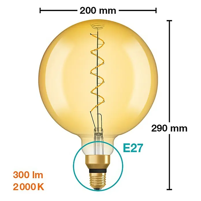 Osram Bombilla LED - E27, No regulable, Blanco cálido, 300 lm, 4 W, Color: Oro, Globo - Bombilla LED E27 dorada con filamento en espiral y dimensiones de 200 mm x 290 mm para iluminación ambiental.