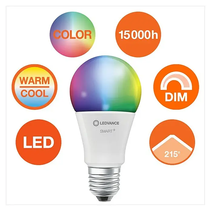 Ledvance Smart-LED-Lampen Set - E27, Dimmbar, RGBW, 806 lm, 9 W - LEDVANCE SMART+ LED-Lampe mit Farbwechsel, 15000h Lebensdauer, dimmbar, warm/kaltweiß und 215° Abstrahlwinkel.
