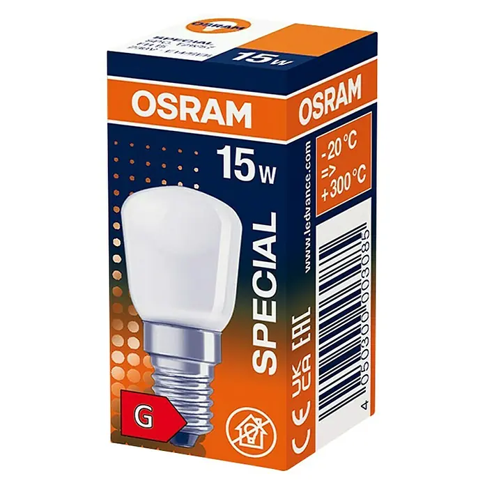 Osram Glühlampe Special T/Fridge - 15 W, E14, Matt - Nahaufnahme der Verpackung einer Osram Spezial 15W Glühbirne, mit Produktinformationen und technischen Details.
