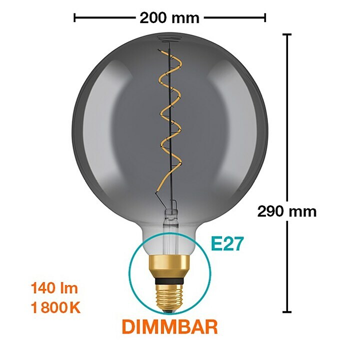Osram Bombilla LED (E27, Intensidad regulable, Blanco cálido, 150 lm, 4 W, Color: Claro/Negro, Globo) | BAUHAUS