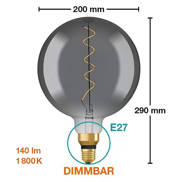 Osram Bombilla LED - E27, Intensidad regulable, Blanco cálido, 150 lm, 4 W, Color: Claro/Negro, Globo - Bombilla LED de cristal ahumado grande, 200x290mm, con filamento espiral y casquillo E27, regulable.