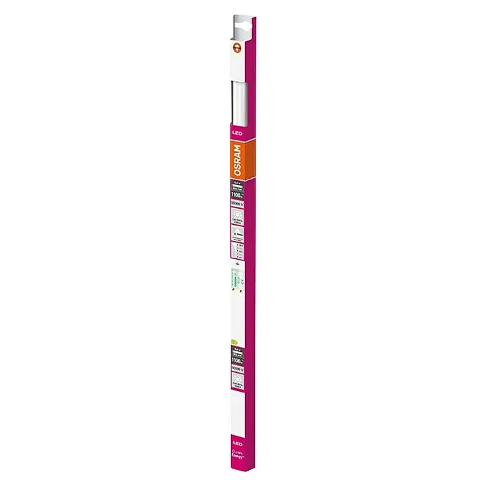 Osram SubstiTube Basic Tubo LED T8 EM Motion Sensor - Largo: 60,4 cm, Blanco frío, 6,8 W, 1.100 lm, G13 - Primer plano de un paquete de bombilla LED V-TAC en rosa, destacando detalles clave como lúmenes, temperatura de color y eficiencia energética.