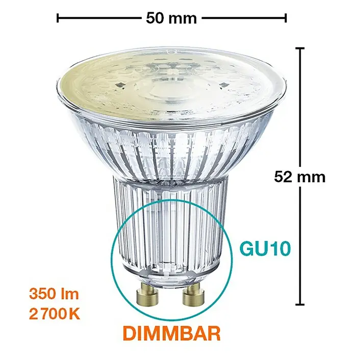 Ledvance Smart+ WiFi Smart-LED-Lampe Spot - GU10, Dimmbar, Warmweiß, 350 lm, 5 W - Abbildung einer GU10 LED-Lampe mit 50 mm Durchmesser und 52 mm Höhe, dimmbar mit 350 lm Lichtstrom und 2700 K Farbtemperatur.