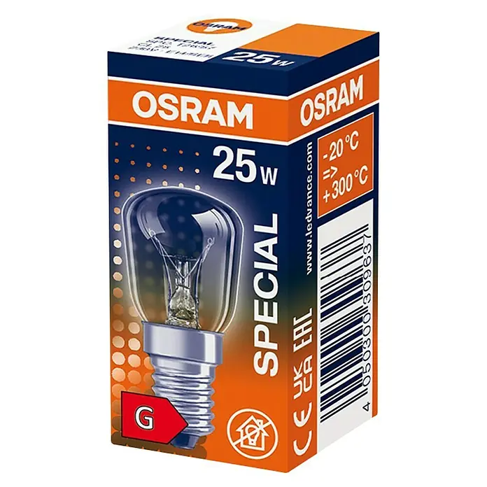 Osram Glühlampe Special T - 25 W, E14, Klar - Nahaufnahme einer 25W Osram Spezialglühbirne in ihrer Verpackung, die Produktdetails und Markenkennzeichnung zeigt.