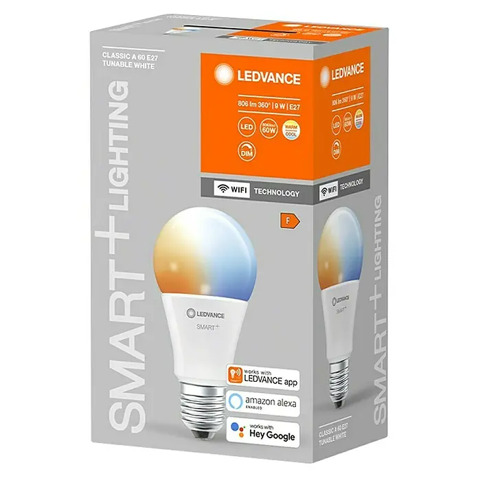 Ledvance Smart+ WiFi Smart-LED-Lampe Classic - E27, Dimmbar, Neutralweiß, 806 lm, 9 W, Farbtemperatur einstellbar: Stufen - Verpackung einer LEDVANCE Smart+ Classic A 60 E27 Tunable White Lampe mit Informationen zu Helligkeit, Leistung und Kompatibilität.