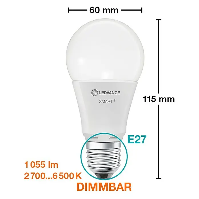 Ledvance Smart+ WiFi Smart-LED-Lampe Classic - E27, Neutralweiß, 1.055 lm, 9,5 W, Farbtemperatur einstellbar: Stufen - LEDVANCE SMART+ E27 LED-Lampe, dimmbar, mit 1055 Lumen und einer Farbtemperatur von 2700 bis 6500 K, Abmessungen: 60 mm Durchmesser, 115 mm Höhe.