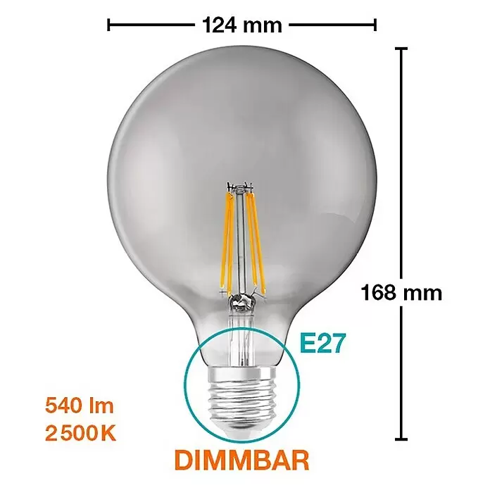 Ledvance Smart+ WiFi Bombilla LED Vintage Globo Smoke - E27, Blanco cálido, 540 lm, 6 W - Bombilla LED E27 regulable de cristal transparente, 124x168mm, 540lm, 2500K blanco cálido.