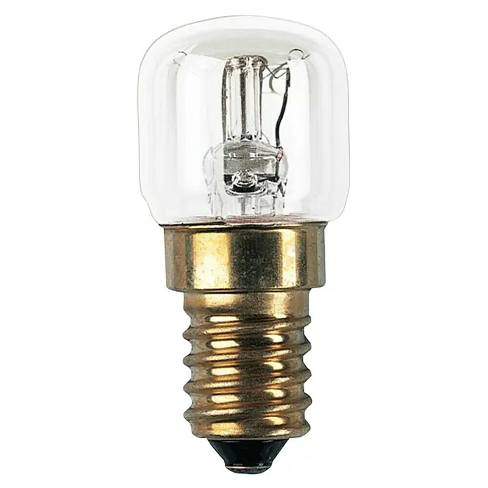 Osram Ofenlampe Special Oven P - 15 W, E14, Temperaturbeständig bis: 300 °C - Nahaufnahme einer klaren Glühbirne mit einem goldenen Schraubsockel.