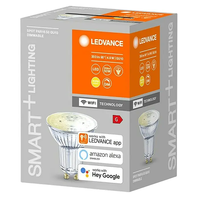 Ledvance Smart+ WiFi Smart-LED-Lampe Spot - GU10, Dimmbar, Warmweiß, 350 lm, 5 W - Eine LEDVANCE Smart+ Lighting PAR16 50 GU10 dimmbare Spot-Glühbirne mit WiFi-Technologie, kompatibel mit Alexa und Google Assistant.