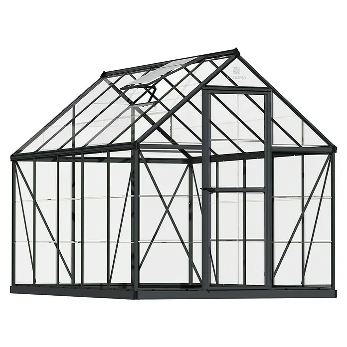 Palram – Canopia Invernadero Harmony - Medidas ext. (An x Pr): 185 x 306 cm, Gris/Transparente, Área: 5,7 m² - Imagen detallada de un invernadero con marco oscuro, que muestra su robusta construcción y diseño claro para un uso eficiente en jardinería.
