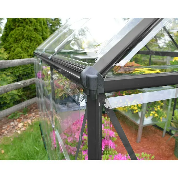 Palram – Canopia Invernadero Harmony - Medidas ext. (An x Pr): 185 x 126 cm, Gris/Transparente, Área: 2,3 m² - Primer plano de un invernadero con paneles claros y un marco robusto, ideal para amantes del jardín.