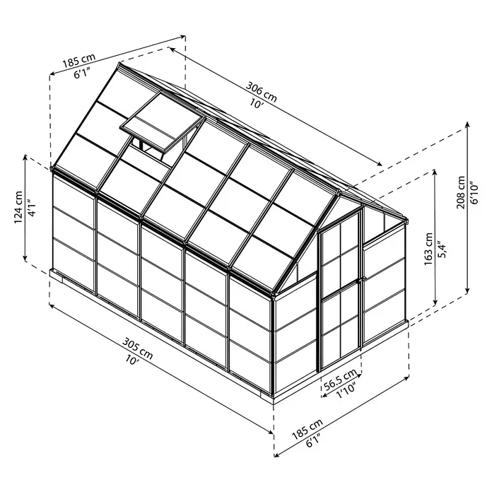 Palram – Canopia Invernadero Harmony - Medidas ext. (An x Pr): 185 x 306 cm, Verde, Área: 5,7 m² - Un dibujo esquemático detallado de un invernadero, que incluye las medidas de su longitud, anchura y altura.