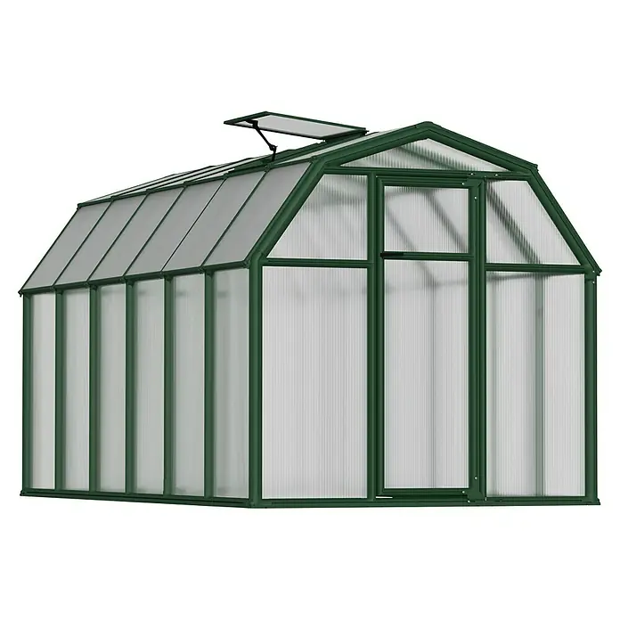 Palram – Canopia Invernadero Eco Grow - Medidas ext. (An x Pr): 204 x 383 cm, 6 mm, Verde - Primer plano de un invernadero verde con paneles transparentes, que proporciona un ambiente controlado para el cultivo de plantas.