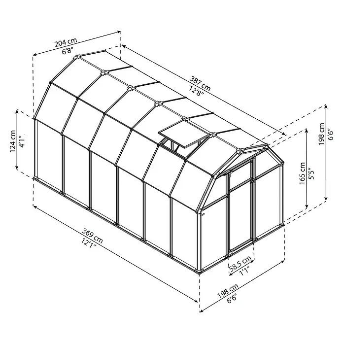 Palram – Canopia Invernadero Eco Grow - Medidas ext. (An x Pr): 204 x 383 cm, 6 mm, Verde - Ilustración de un invernadero con dimensiones que indican longitud, anchura y altura en centímetros y pies.
