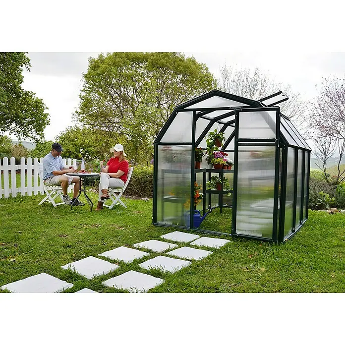Palram – Canopia Invernadero Eco Grow - Medidas ext. (An x Pr): 204 x 197 cm, 6 mm, Verde - Un invernadero con estanterías para plantas y una puerta abierta, rodeado de vegetación y un sendero de losas.