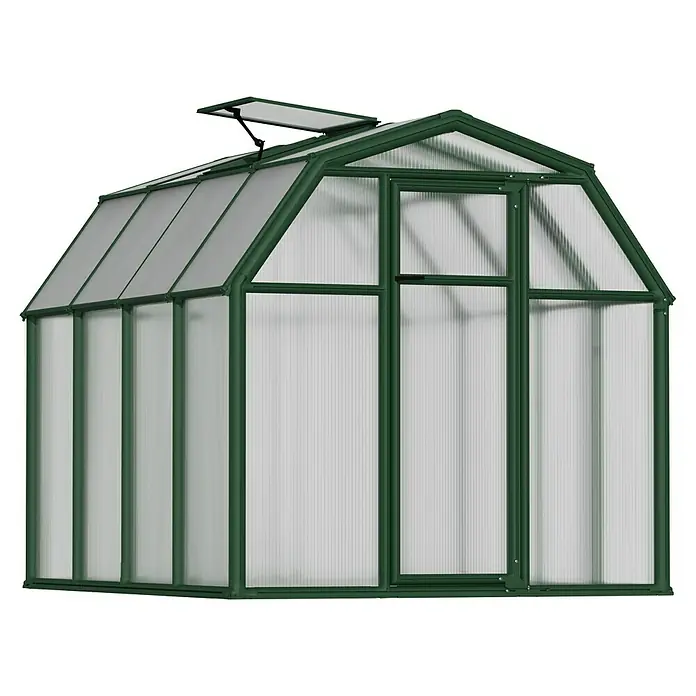 Palram – Canopia Invernadero Eco Grow - Medidas ext. (An x Pr): 204 x 239 cm, 6 mm, Verde - Esta imagen muestra un invernadero con marcos verdes y paneles transparentes, diseñado para jardinería o cultivo de plantas.