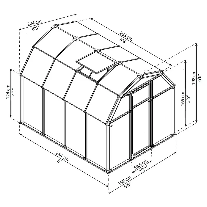 Palram – Canopia Invernadero Eco Grow - Medidas ext. (An x Pr): 204 x 239 cm, 6 mm, Verde - Dimensiones de un invernadero, con indicaciones de altura, anchura y longitud en centímetros y pies.