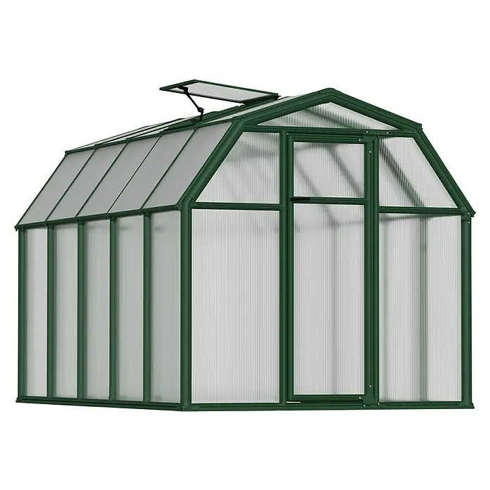 Palram – Canopia Invernadero Eco Grow - Medidas ext. (An x Pr): 204 x 321 cm, 6 mm, Verde - Un invernadero verde con paneles transparentes diseñado para la jardinería exterior y el cultivo de plantas.