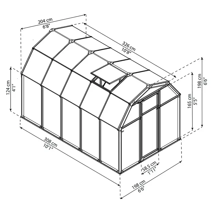Palram – Canopia Invernadero Eco Grow - Medidas ext. (An x Pr): 204 x 321 cm, 6 mm, Verde - Ilustración de un modelo de invernadero, con dimensiones en centímetros y pulgadas que indican el tamaño y la construcción.
