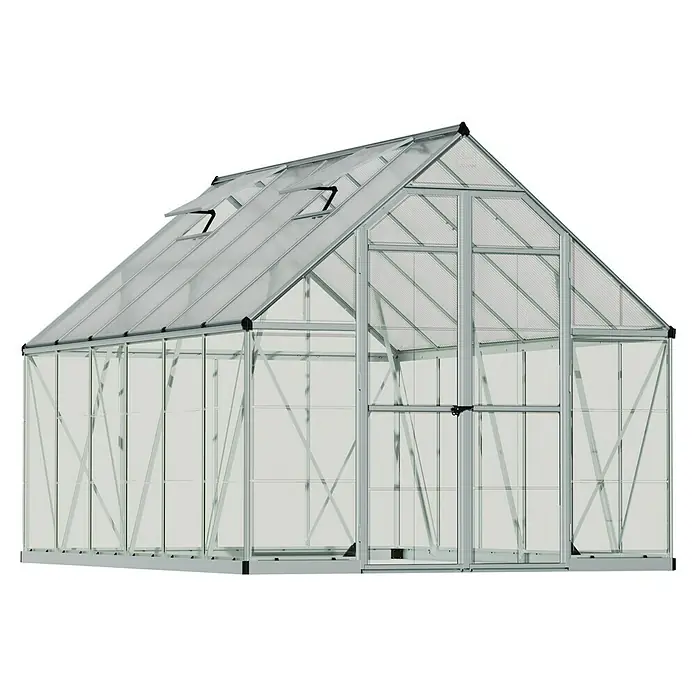 Palram – Canopia Invernadero Balance - Medidas ext. (An x Pr): 244 x 367 cm, 0,7 mm, Plateado/Transparente - Imagen de un invernadero independiente con paredes transparentes y ventanas para un crecimiento óptimo de las plantas.