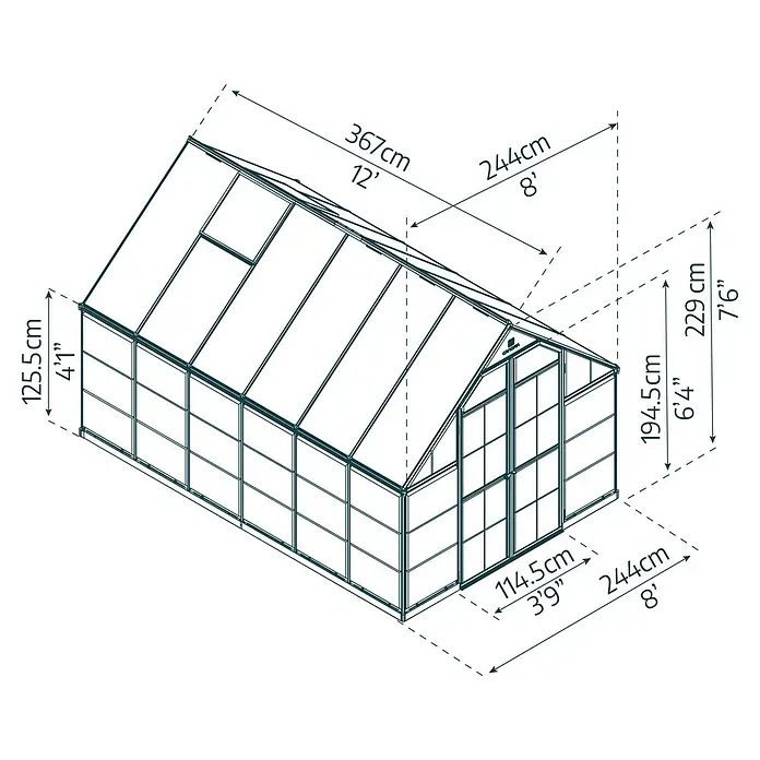 Palram – Canopia Invernadero Balance - Medidas ext. (An x Pr): 244 x 367 cm, 0,7 mm, Verde - Diagrama esquemático de un invernadero con dimensiones en centímetros y pies, mostrando la longitud, anchura y altura del producto.