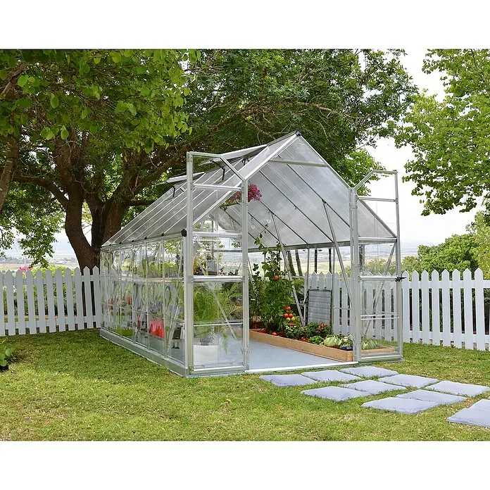 Palram – Canopia Invernadero Balance - Medidas ext. (An x Pr): 244 x 367 cm, 0,7 mm, Plateado/Transparente - Invernadero en el jardín con plantas y hortalizas. El invernadero transparente se encuentra sobre el césped con una cerca blanca al fondo.