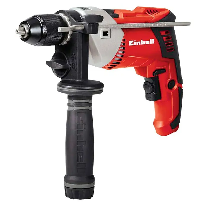 Einhell Expert Taladro percutor TE-ID 750/1 E - 750 W, 3.000 r.p.m., Número máx. de impactos: 43.200 /min - Imagen de un taladro percutor Einhell rojo y plateado con un accesorio de mango adicional.