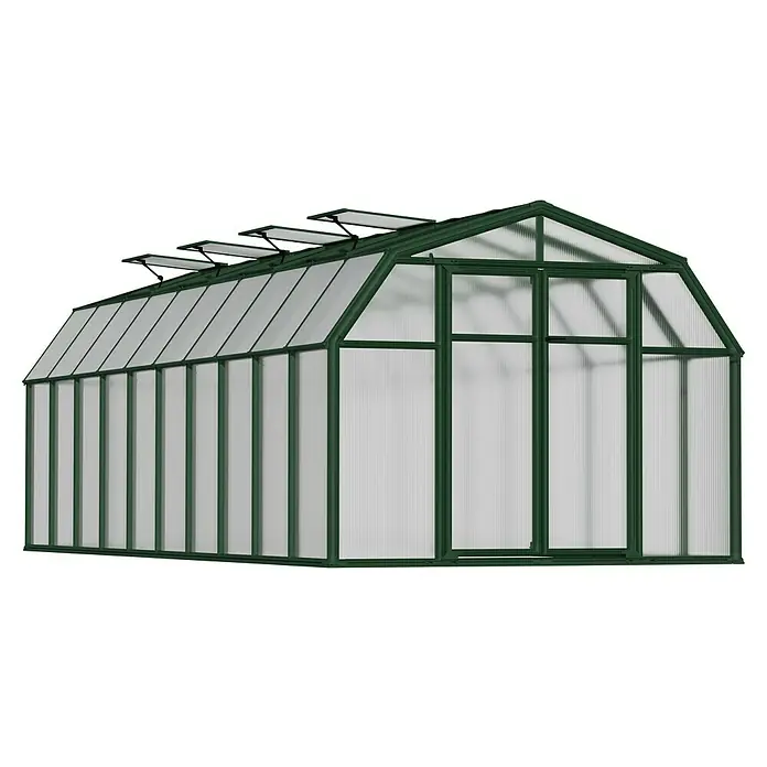 Palram – Canopia Invernadero Hobby Gardener - Medidas ext. (An x Pr): 266 x 641 cm, 6 mm, Verde - Imagen de un invernadero verde con aberturas de ventanas sobre un fondo negro. Ideal para jardinería.