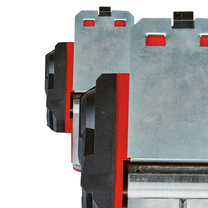 Einhell Cepilladora eléctrica TC-PL 750 - 750 W, Profundidad de cepillo: 0 mm - 2 mm, Número de revoluciones de marcha en vacío: 0 r.p.m. - 17.000 r.p.m. - Primer plano de tres herramientas Einhell, destacadas por elementos rojos, negros y plateados, ideales para los aficionados al bricolaje.