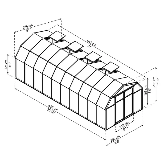 Palram – Canopia Invernadero Hobby Gardener - Medidas ext. (An x Pr): 266 x 641 cm, 6 mm, Verde - Diagrama de un invernadero con dimensiones en centímetros y pies, destacando la estructura y el tamaño del producto.