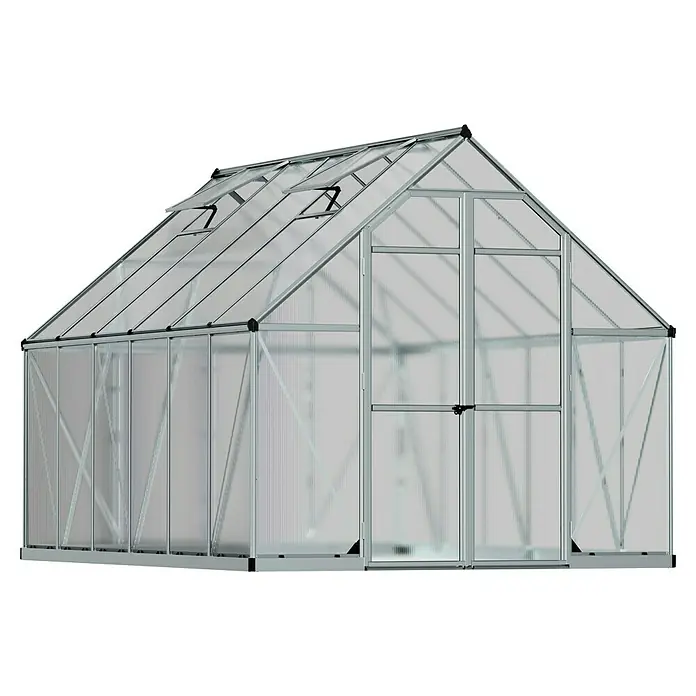 Palram – Canopia Invernadero Essence - Medidas ext. (An x Pr): 244 x 367 cm, Material de la pared lateral: Plástico, 6 mm, Plateado - Un espacioso invernadero con una estructura robusta y paneles transparentes, perfecto para cultivar plantas en un ambiente controlado.