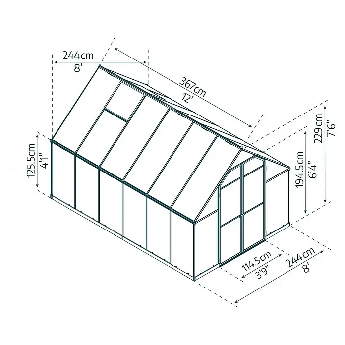 Palram – Canopia Invernadero Essence - Medidas ext. (An x Pr): 244 x 367 cm, Material de la pared lateral: Plástico, 6 mm, Plateado - Ilustración de un invernadero que muestra las dimensiones de tamaño. Ideal para los amantes del jardín que quieren proteger sus plantas de forma óptima.